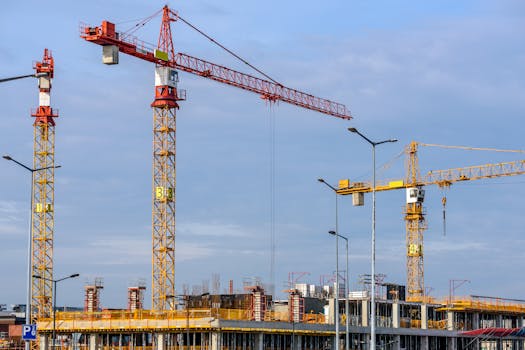 Multiple tower cranes working on a large construction site with blue sky backdrop.